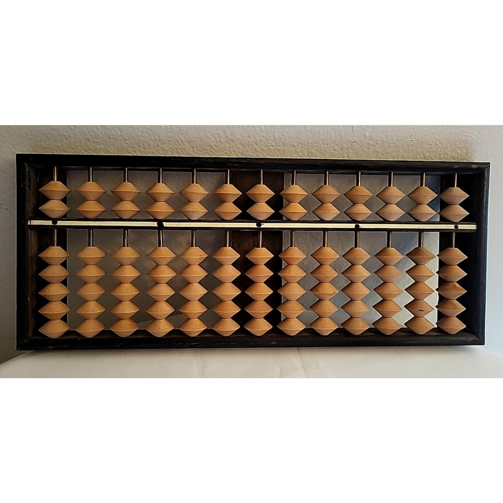 VTG Wood Japanese Soroban Abacus 13 Column 91 Beads Tan Beads Black Frame 12 x 5